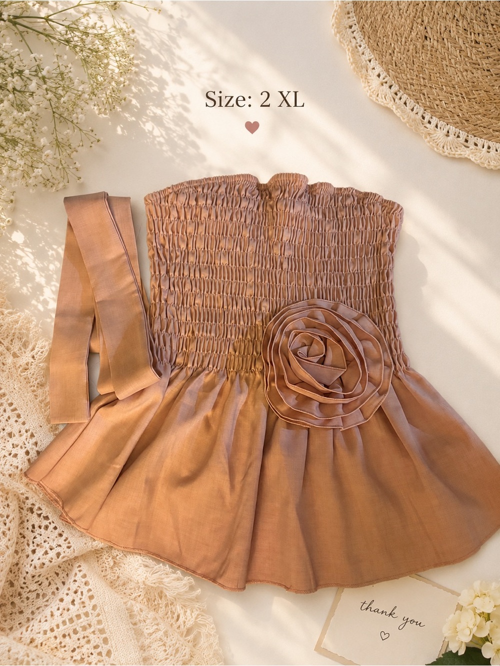 Smocked Strapless Top with Rosette Detail - pink